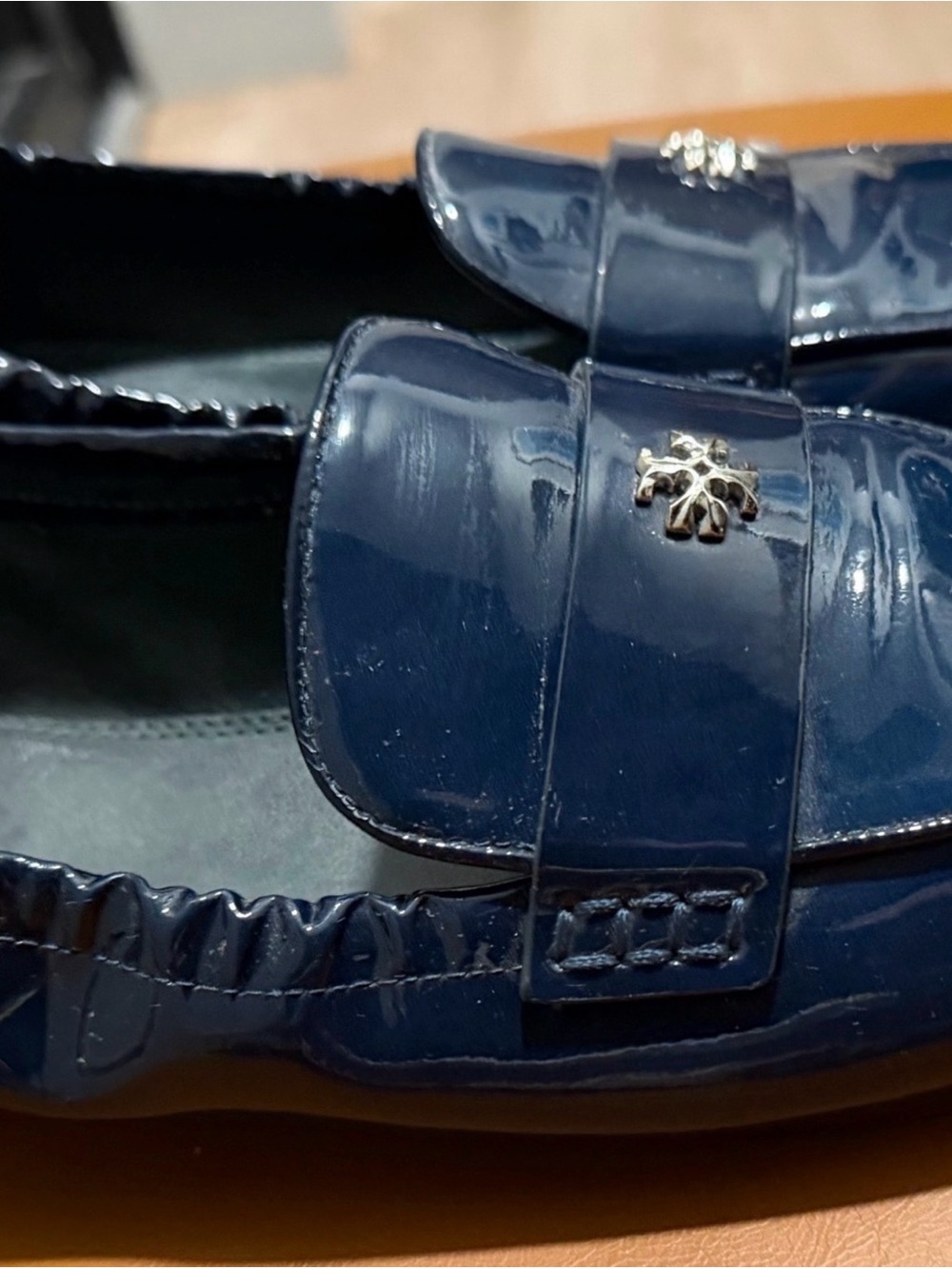 Tory Burch Navy Patent Leather Penny Loafers with Gold Logo - Picture 2 of 4